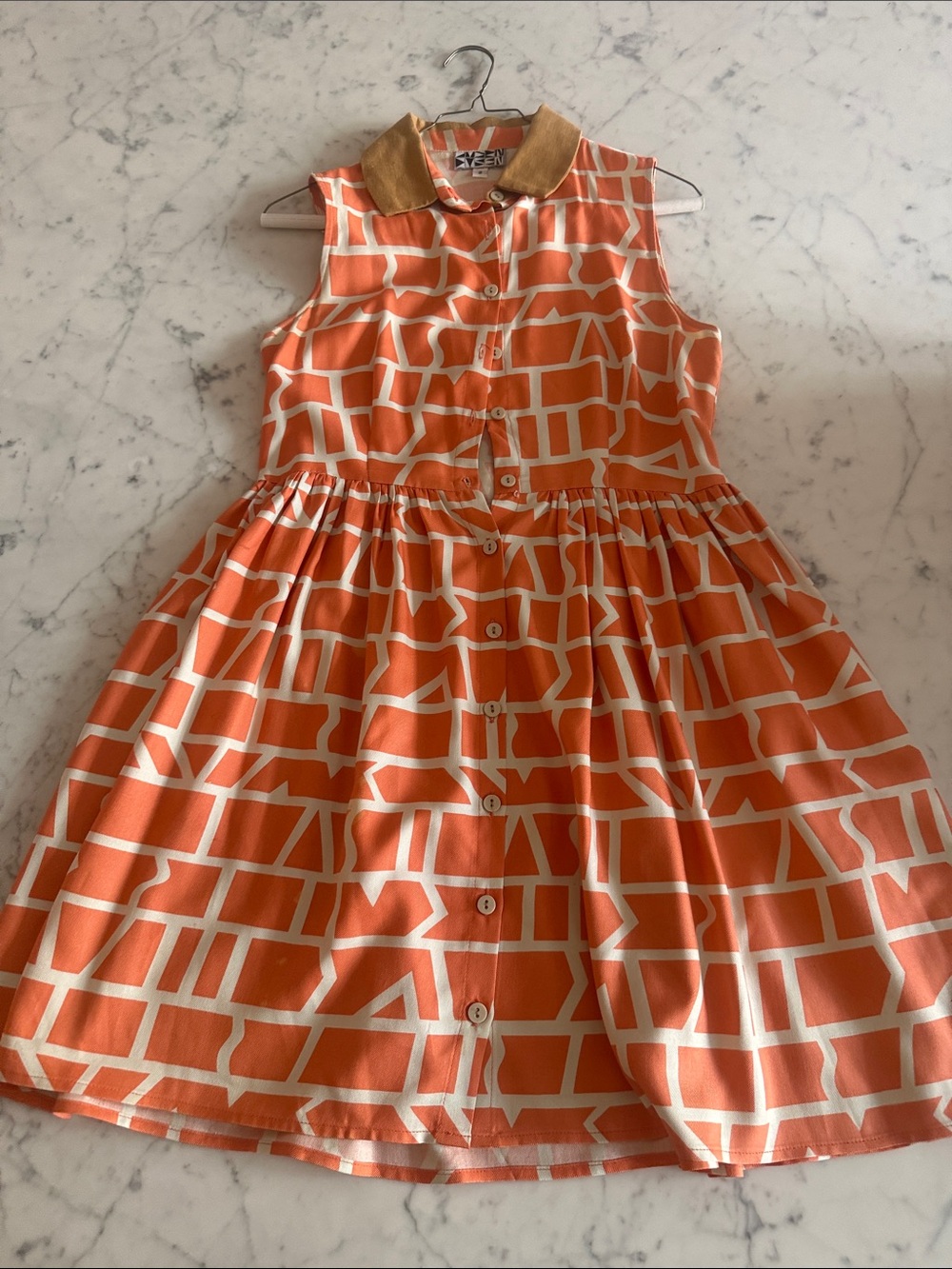 Marni Orange and White Geometric Button-Front Dress with Tan Collar